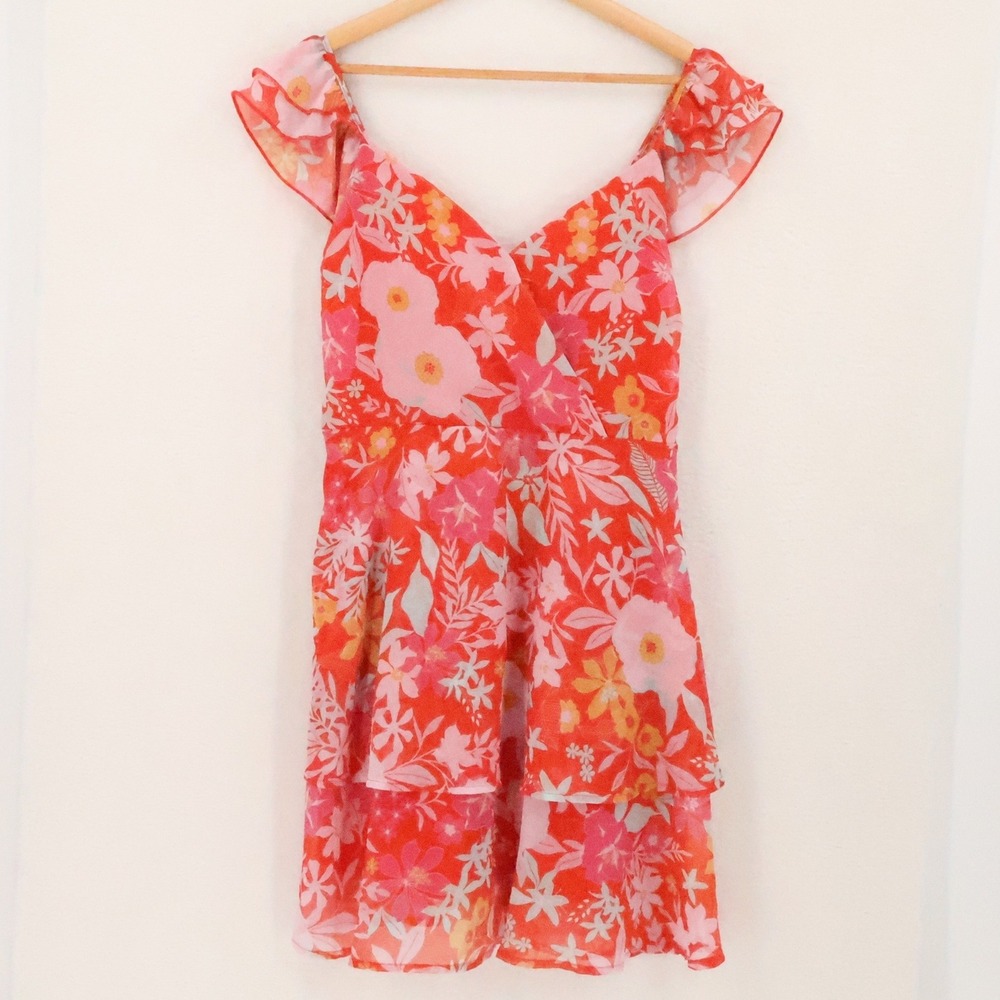 Floral Ruffle Tiered Chiffon Mini Dress Womens Size M Red Pink Boho Tropical Ga